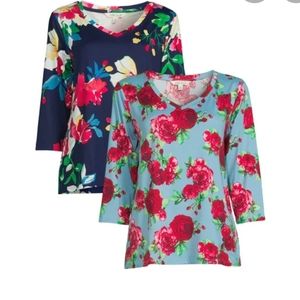 The Pioneer Woman 2 pack Long Sleeve V-neck Tee Navy Floral & Desert Rose